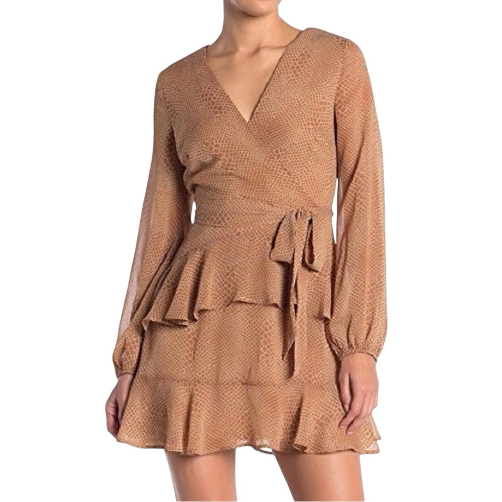 NWT Material Girl Animal Print Tan Ruffle Tie Wrap Dress Size XS - Picture 2 of 13